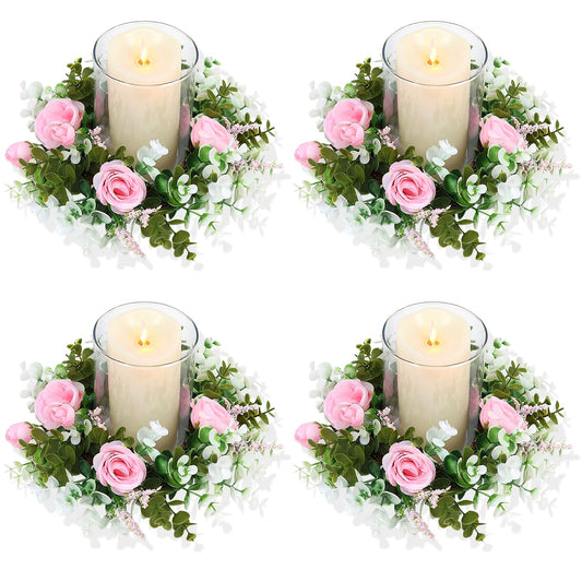 Acmee 4 Pcs Rose Candle Rings - Artificial Pink Floral Wreaths with Eucalyptus Leaves Greenery Garland for Pillar Candleholders Wedding Centerpiece Party Home Table Decor