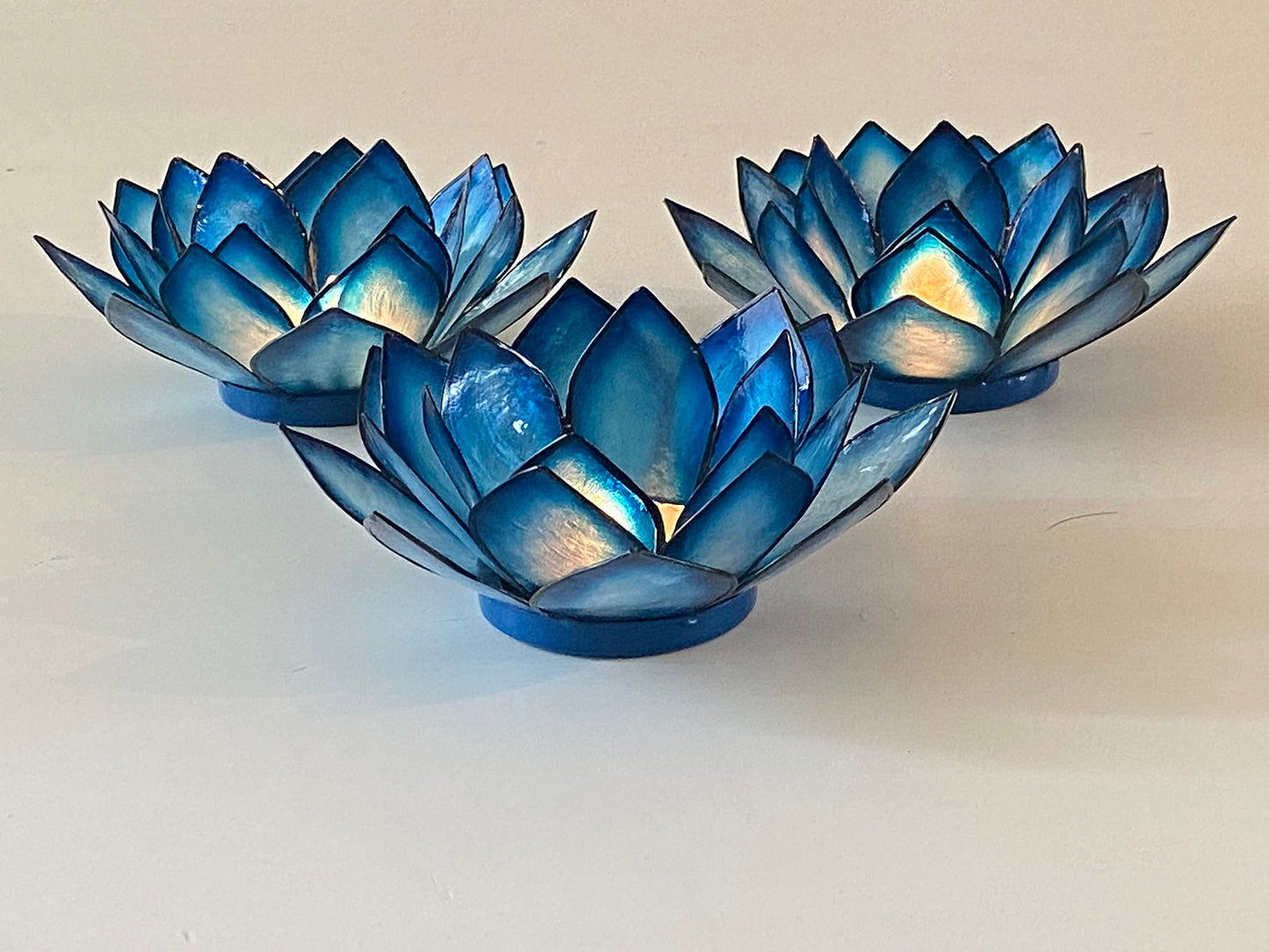 Om Gallery Capiz Shell Lotus Flower Decor Tealight Candle Holder for Serene Ambiance - Handmade Decorative Candle Holders for Meditation, Yoga, and Relaxation, Blue Lagoon
