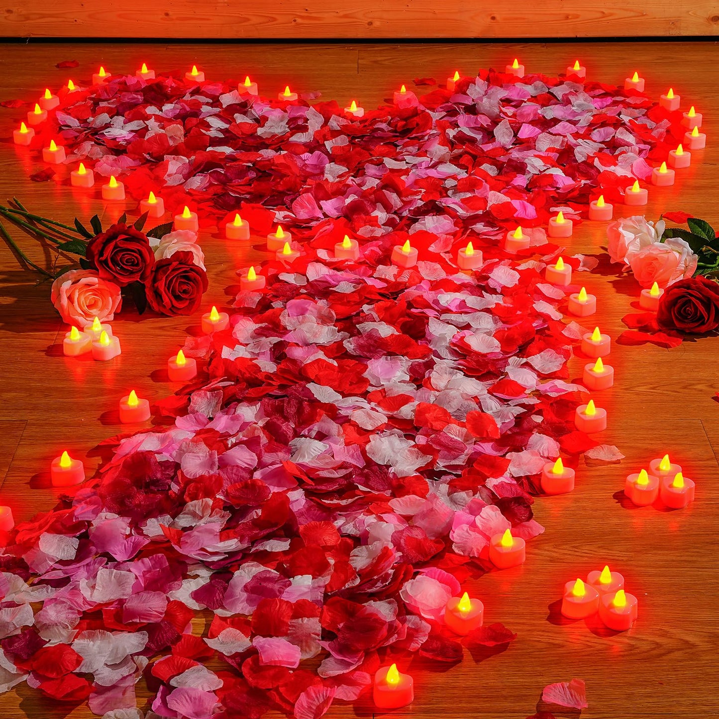 Coume 6000 Pieces Artificial Rose Petal 72 Pieces LED Tealights Candle, Romantic Decorations Special Night Rose Petal Heart Candle for Valentines Wedding Anniversary Proposal Decor(Cute Red Light)