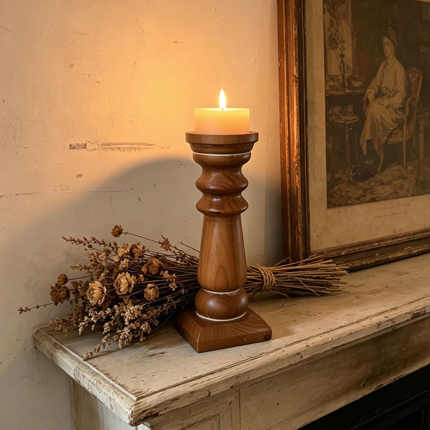 Wood Pillar Candle Holders 14 Inch Tall, Handmade Antique Brown Farmhouse Candle Holders for Pillar Candles, Natural Decorative Candlestick Holders, Rustic Candle Holder for Table Centerpiece