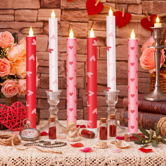 Lyrow 6 Pcs Valentine'day Flameless Taper Candles with Red Heart 11 Inch Real Wax LED Candles Flickering Battery Operated Candlesticks for Valentines Gifts Proposal Wedding Anniversary Romantic Night