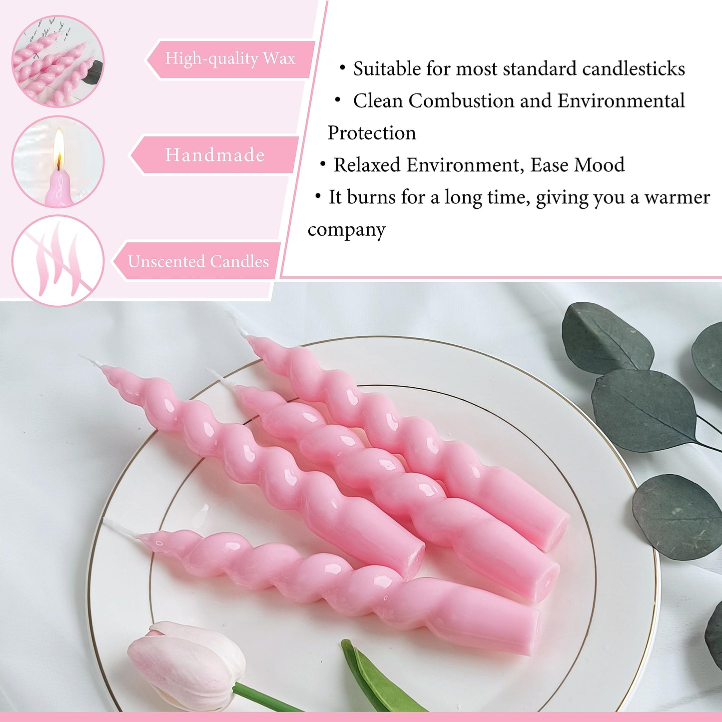 Spiral Taper Candles Stick Pink Twisted Candles H 7.5inch Wax Unscented Pink Dinner Candle Dripless for Home Decor, Relaxation & All Occasions