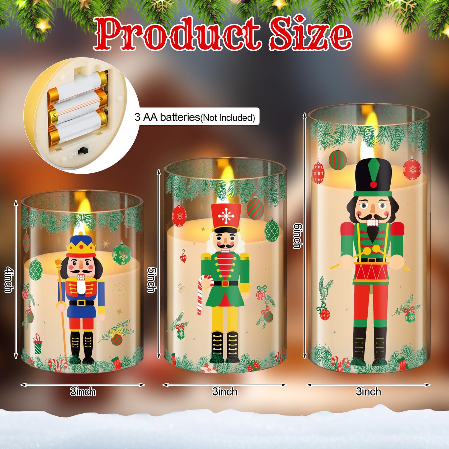 Blosssound 3 Pack Christmas Flameless Candles Battery Operated Xmas Nutcrackers Flameless Flickering Candles LED for Home Fireplace Winter Holiday Table Decorations Christmas Gifts