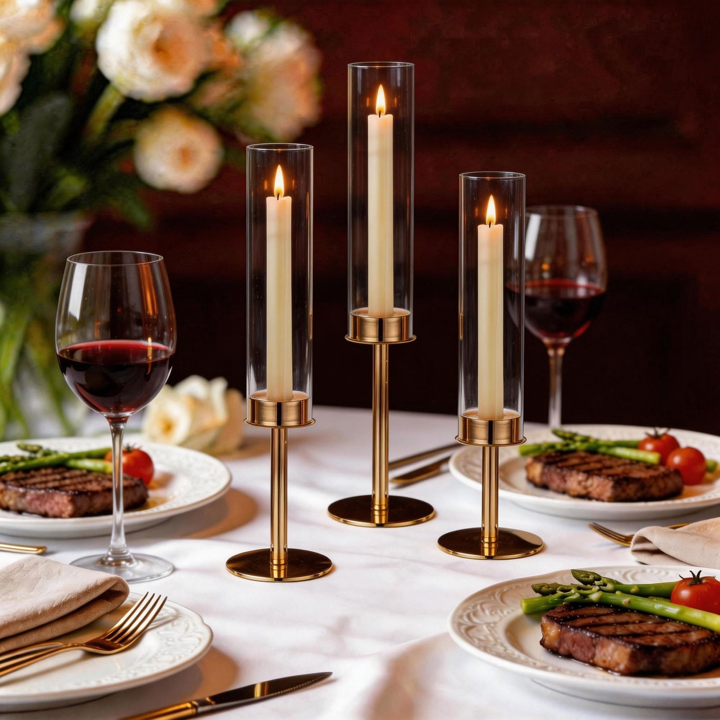 C COMCROSFLY Gold Candle Holders Set of 3, Elegant Glass Hurricane Candlestick Holders for Table Centerpiece, Wedding Decor, Modern Tall Candle Stick Holder for Dining Table, Home Decoration