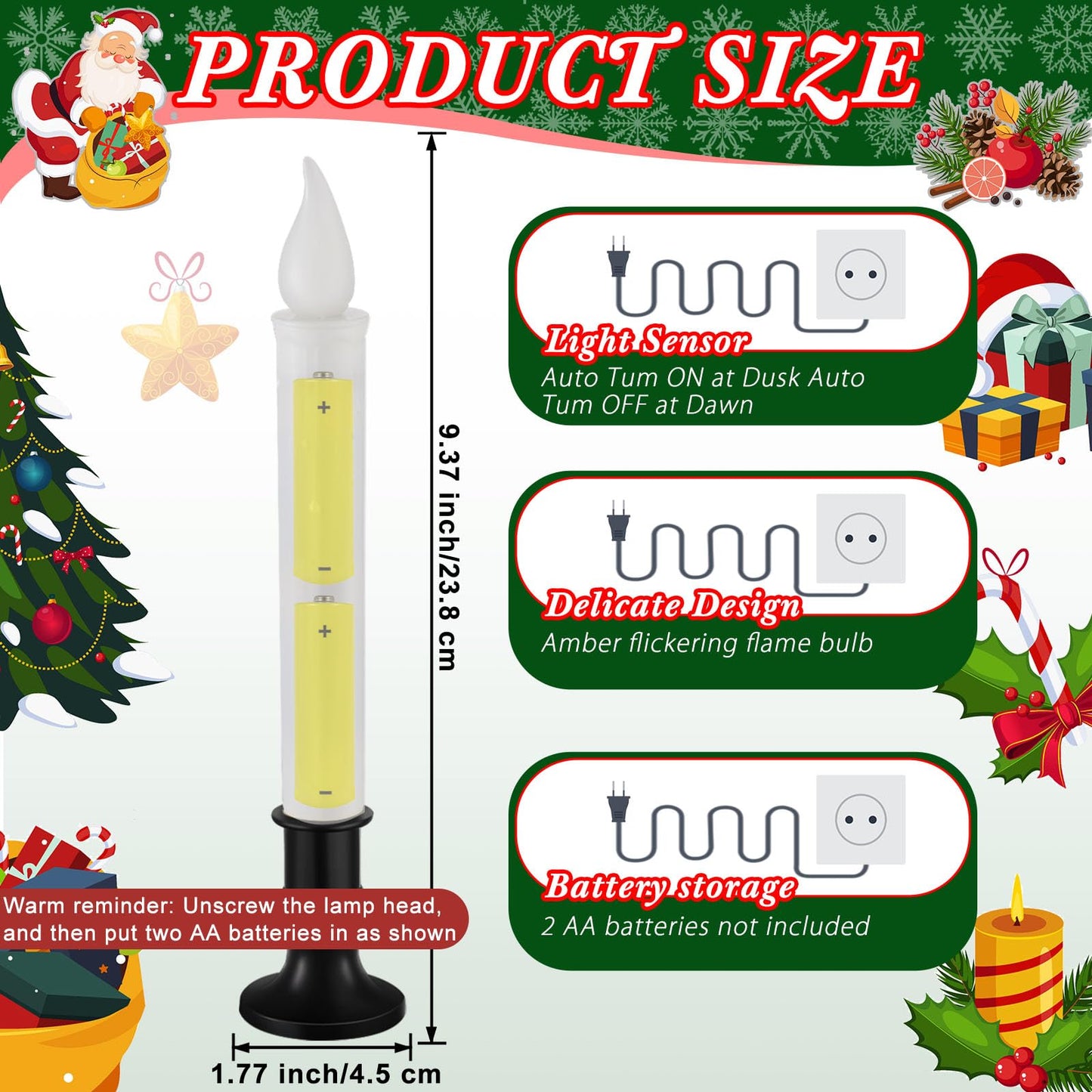 Baquler 8 Pcs Christmas LED Window Candles with Sensor Dusk to Dawn Light Sensor 9.37 Inches Cordless Flameless Battery Taper Candles with Flickering Amber Flame for Xmas Home Decor(Black)