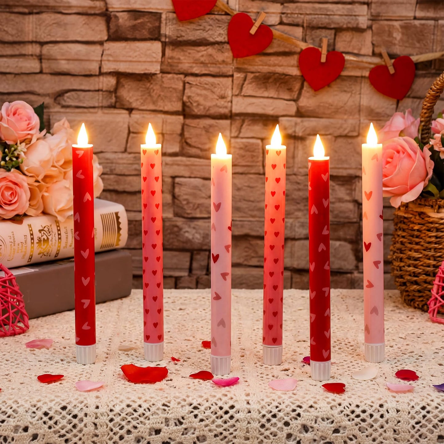 Lyrow 6 Pcs Valentine'day Flameless Taper Candles with Red Heart 11 Inch Real Wax LED Candles Flickering Battery Operated Candlesticks for Valentines Gifts Proposal Wedding Anniversary Romantic Night