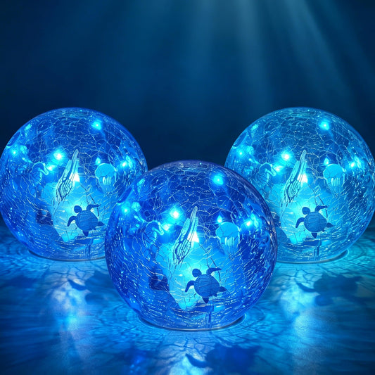 3PCS Summer Decorative Lights, 3.93 Inch Summer Desktop Decoration LED Night Light, Christmas Gift, Birthday Gift, Cracked Glass Ball Light with Timer, Desktop Decoration (Turtle)