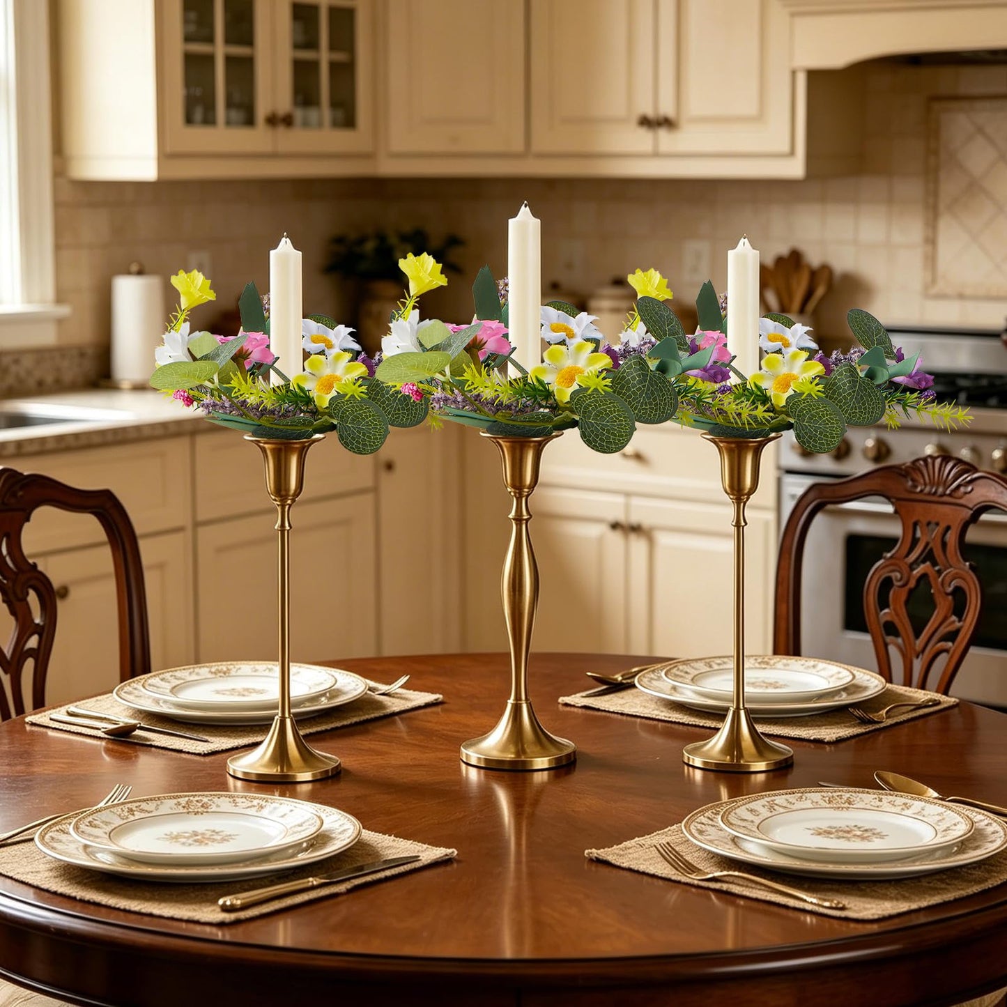 4 PCS Mini Floral Candle Rings Wreath 1.38" Artificial Wildflowers Flower Candle Holder Ring Spring Summer Table Centerpieces Candle Decorations Ring Candle Wreath for Home Church Wedding Party Decor