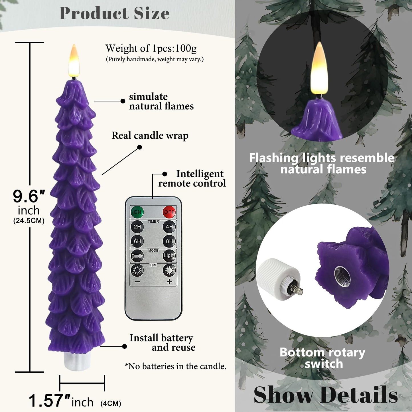 FCMSHAMD Advent Christmas Trees Flickering Flameless Candles with Remote and Timer, Real Wax 3D Flame Wick LED Candles, 9.8 Inch Battery Operated Candles for Christmas Home Decoration，4PCS
