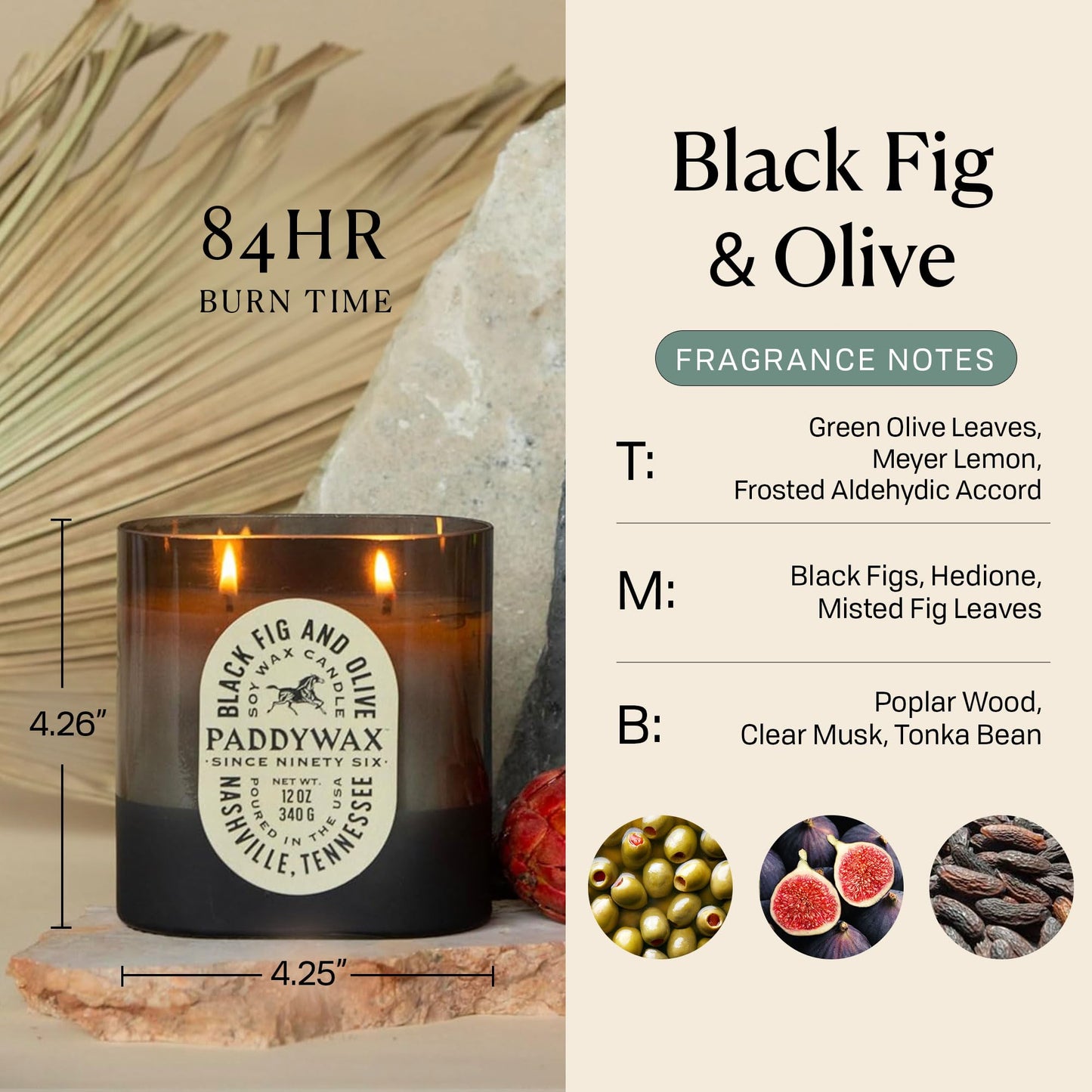 Paddywax Vista Scented Candle with Lid in Reusable Tonal Glass Jar, Clean-Burn 2-Wick Soy Candle with Approx. 84 Hour Burn Time, Decorative Gift Candles for Home, Black Fig & Olive, 12 oz