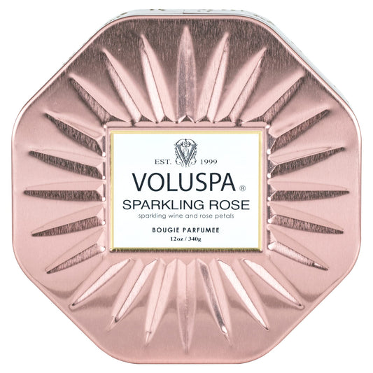 Voluspa Sparkling Rose, 3 Wick Tin Candle, 12 Ounce, 40 Hour Burn Time, Coconut Wax for Clean Burning, Handcrafted in the USA