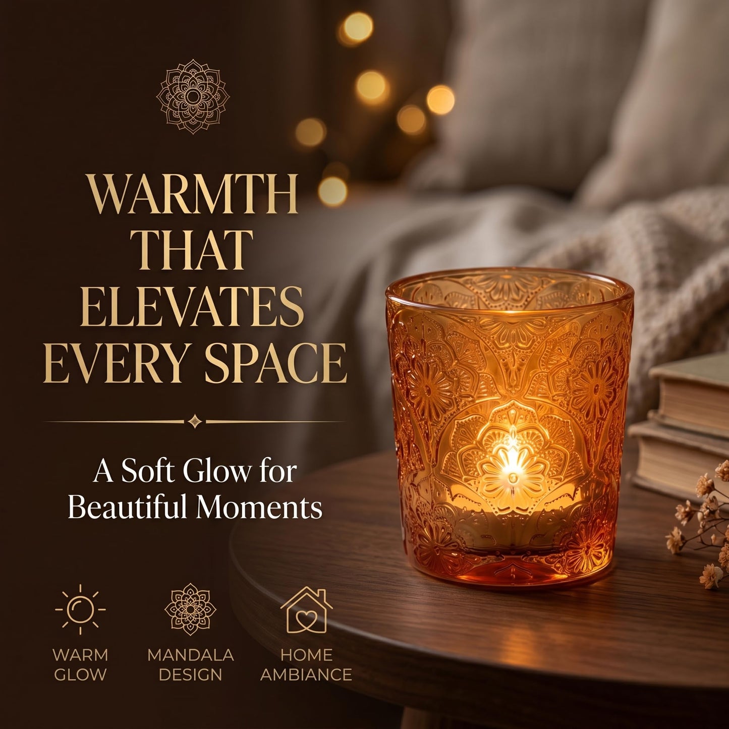 6 Pack Mandala Embossed Glass Candle Holders – Votive Tealight Holders with Patent Design, Decorative Embossed Glass Cups for Wedding Centerpieces, Parties, and Home Décor (Pumpkin Spice)