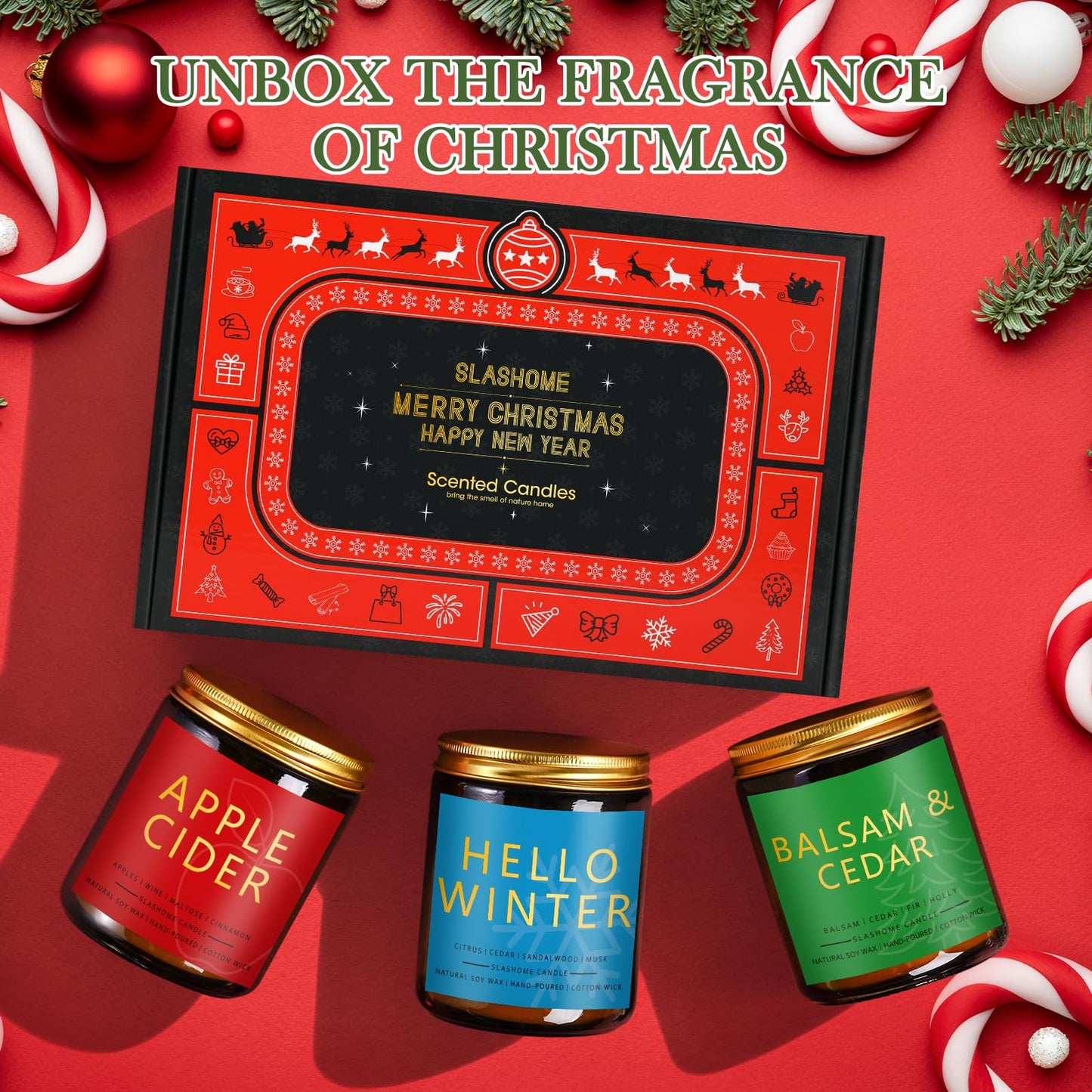Christmas & Winter Candle Gift Set, 6 Pack 7oz Soy Scented Candles for Home, Holiday & Birthday Gift for Women & Men, Balsam Cedar, Christmas Cookies & Spices, Apple Cider, Hot Cocoa & Hello Winter
