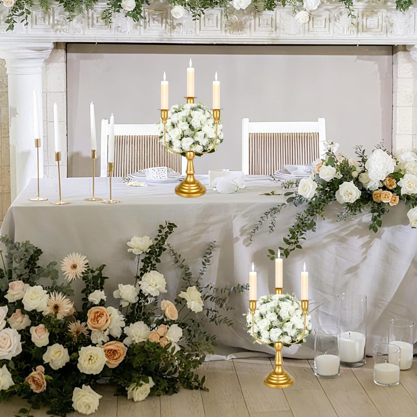 UCEHIPAW 8 Pcs Gold Candelabra 12 Inch 3 Arm Metal Candle Stand Wedding Candlestick Holder for Table Centerpieces Wedding Birthday Holiday Theme Party