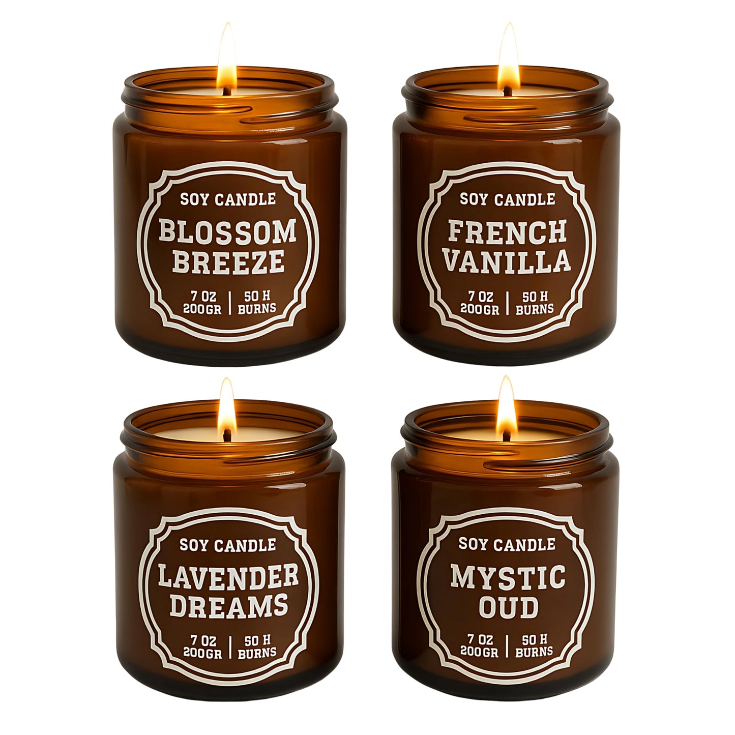 Luxury Soy Candle Gift Set, 4 Pack Amber Glass Jars with Crackling Wooden Wick, Handcrafted Scented Candles, Gift Ready Box