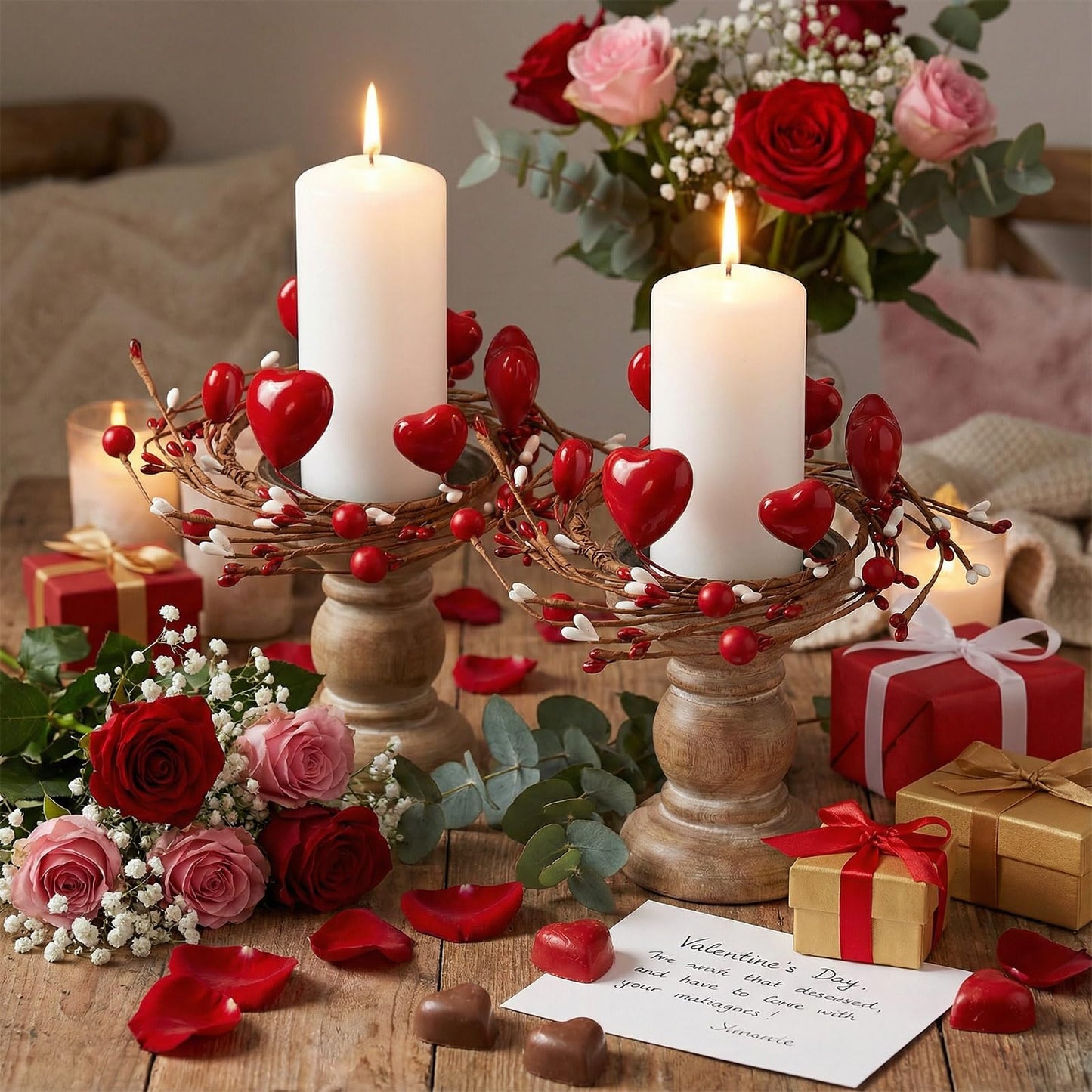4 Pcs Valentine Candle Rings, Wreaths Red Heart and Berry Candle Holder Rings, Inner Diameter 3.2 Inch Candlestick Decoration for Valentine's Day Wedding Table Centerpieces