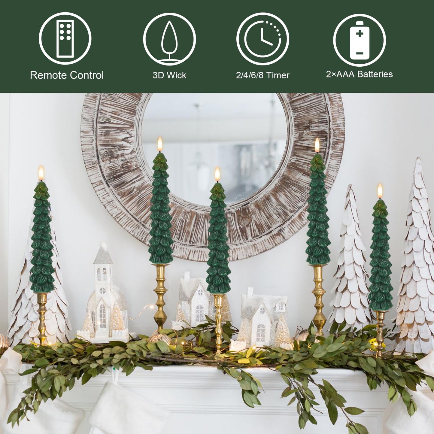 DRomance Christmas Tree Flameless Taper Candles Battery Operated with 10-Key Remote and Timer Real Wax LED Taper Candles 3D Wick Flickering Lifelike Leaves Dinner Xmas Holiday Decoration Set of 4