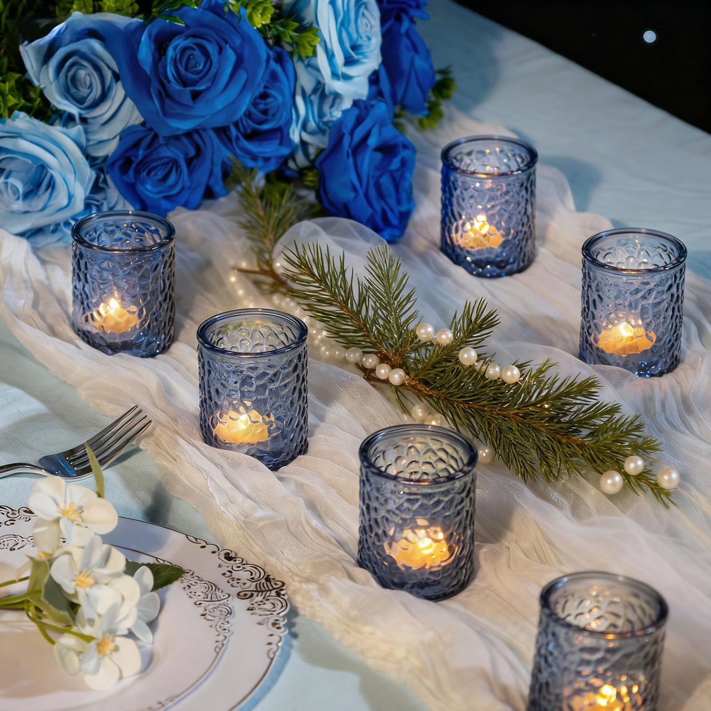 WELLIFE 24-Piece Blue Glass Votive Candle Holders Set – Tealight Candle Holder Glass Bulk with 12 Round & 12 Hammered Textured Cups, Blue Votive Candle Holders for Weddings, Parties, Home