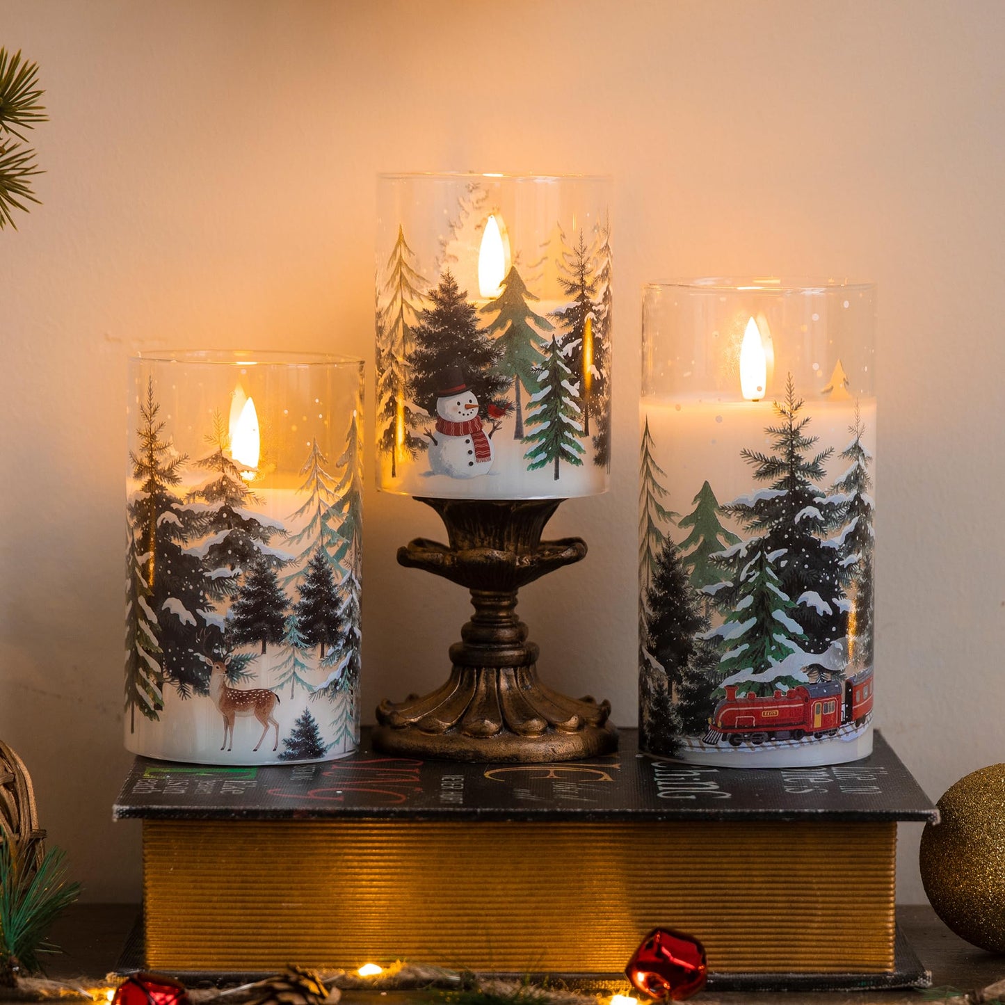 LUSHARBOR LUSHABOR Christmas Flameless Candles, 3 Pack Battery Operated Candles for Christmas Mantel Decor, Glass LED Flickering Candles Home Xmas Party Holiday D3 H4 5" 6", Trees