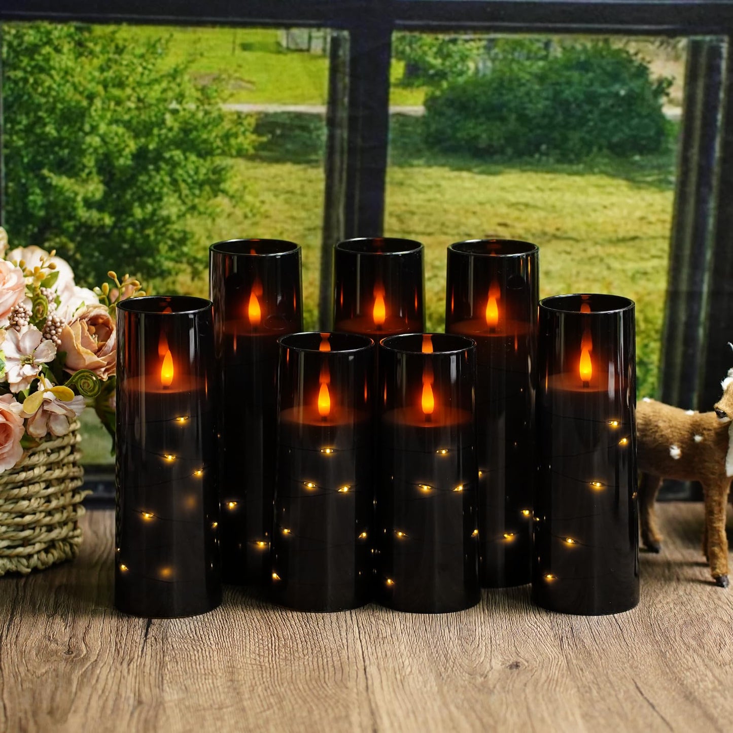 Eebuss Flameless Candles with Embedded Star String, Battery Operated LED Pillar Candles with Timer and Remote Control,Home Decorating for Ambiance， Set of 7(Black)