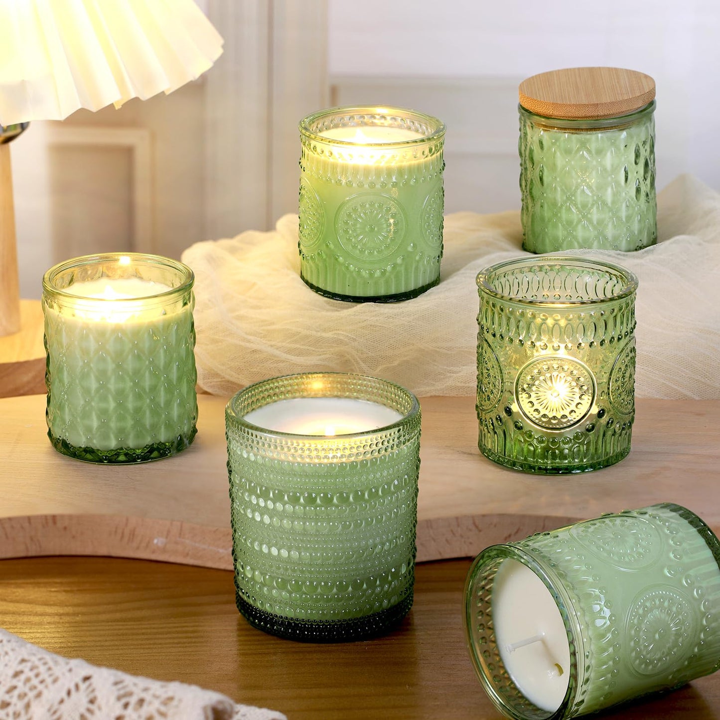 DARJEN 12 Pack Green Candle Jars for Making Candles- 3 Styles Glass Candle Making Jars Bulk with Bamboo Lids and Labels, Candle Making Supplies Candle Vessels for Home Decor
