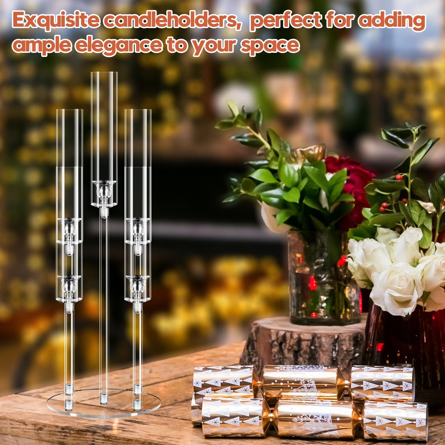 6 Set 5 Arm Acrylic Candelabra Centerpiece, Mjkeomo 27'' Tall Clear Candle Holder for Table, Wedding, Christmas, Fireplace Mantel Decor, Fits 0.82" LED Candles