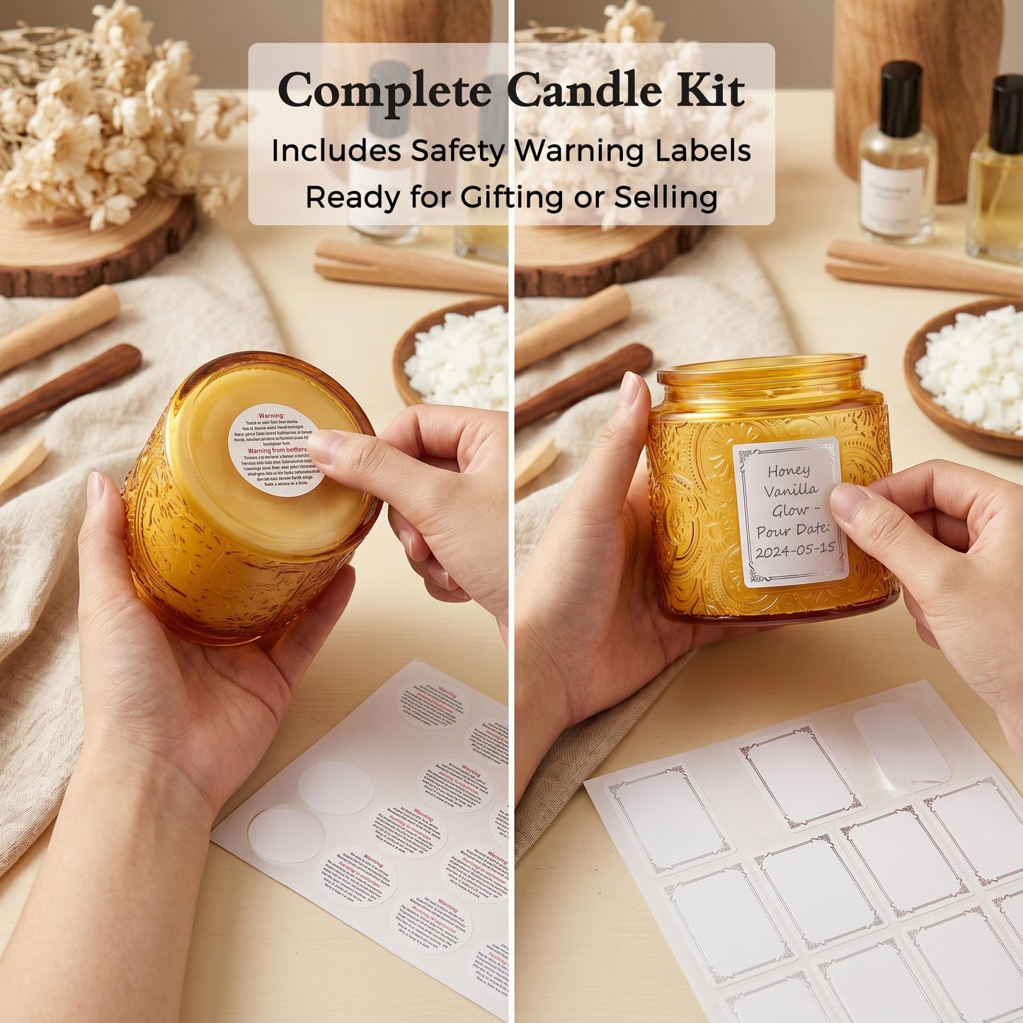 10 oz Embossed Glass Candle Container with Bamboo Lids and Labels, Clear Candle Jars for Making Candles, Sun Moon Stars Design - Pack of 9 (Orange)
