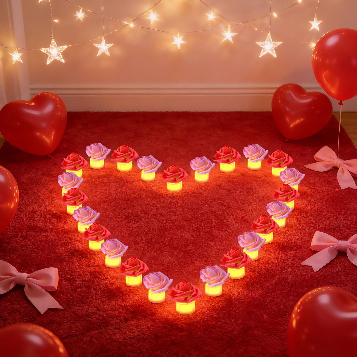 YBB 24 Pack Artificial Rose Tea Light, Valentine's Day Rose Petals Flameless LED Candle Lights for Romantic Night Anniversary Wedding Party Decor
