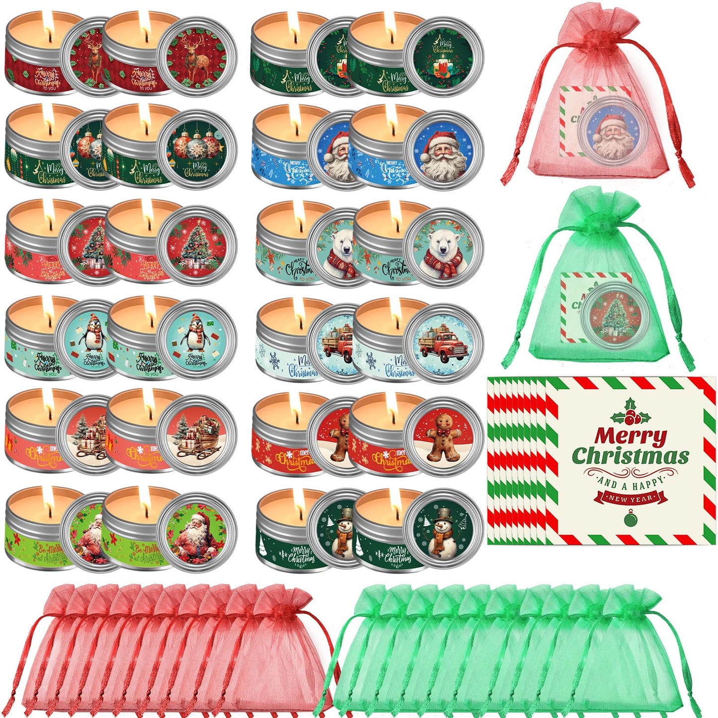 MTLEE 24 Sets Christmas Scented Soy Wax Candles Aromatherapy Candles with Organza Bag and Cards Bulk, Portable Travel Tin Candle Party Favors Christmas Gifts for New Year Home Supplies(Retro)