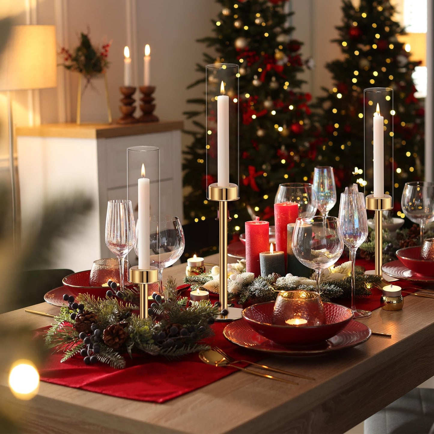 Gold Hurricane Candle Holders Set of 6, Tall Metal Windproof Glass Taper Candle Holder for Candlestick, Candle Sticks Decor, Table Centerpieces for Wedding, Candlelit Dinner Party Fireplace Decoration