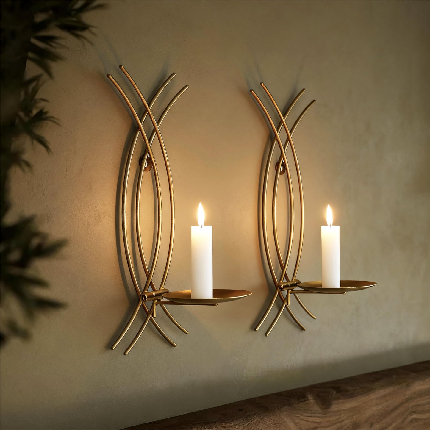 SEICASAYA Wall Sconce Candle Holder Set of 2, Modern Forged Metal Iron Decorative Wall Art for Living Room (Gold)