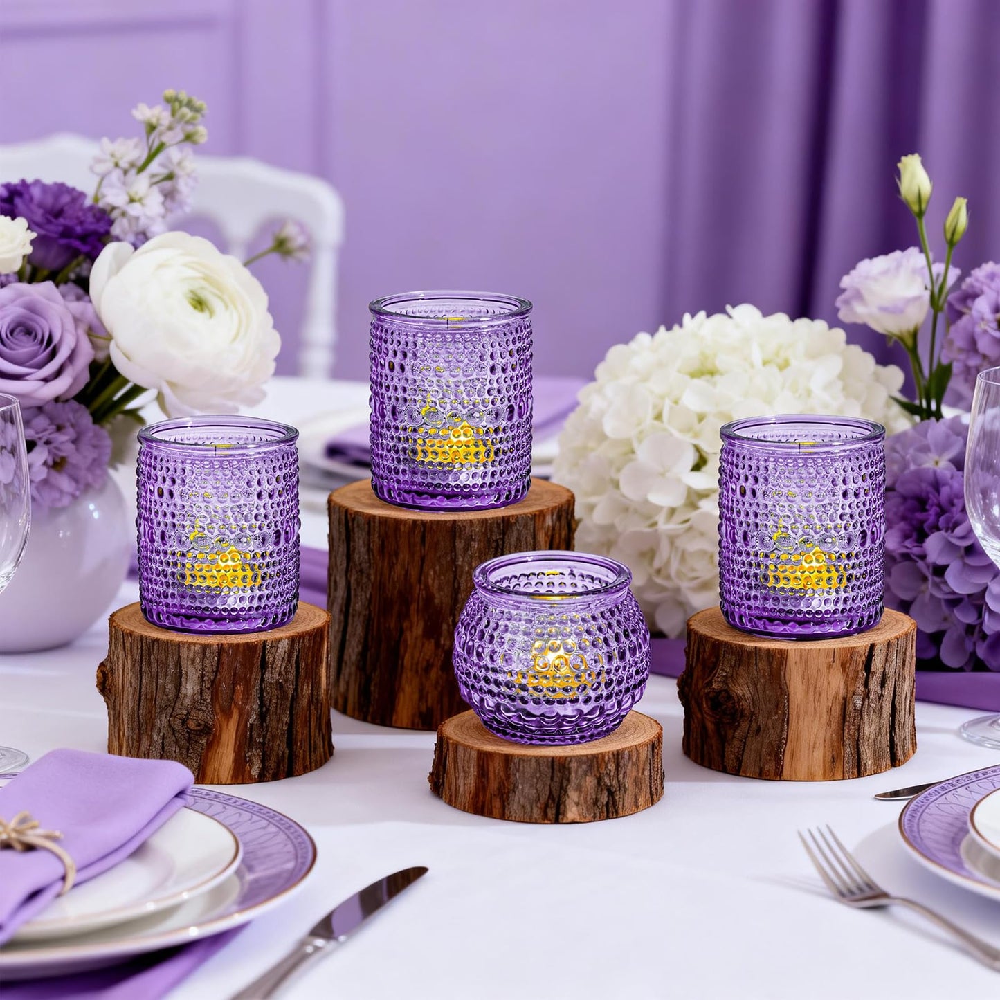 Rubtlamp Purple Votive Candle Holders Set of 24, Glass Candle Holders Bulk for Table Centerpiece, Tea Lights Candle Holder Glass for Wedding Shower, Home Party Decor