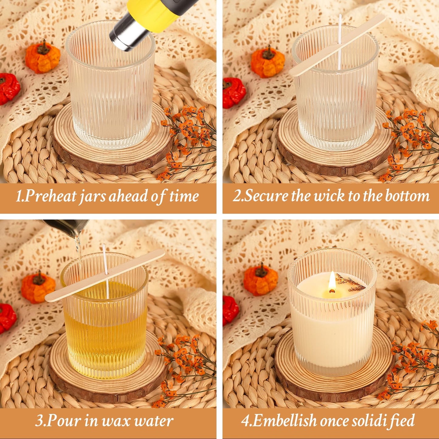 CONNOO 16 Pack 7 OZ Thick Ribbed Glass Candle Jars for Making Candles with Airtight Bamboo Lids, Wicks & Stickers, for DIY Candle Making, Bulk Orders, Gifts & Home Décor, Clear