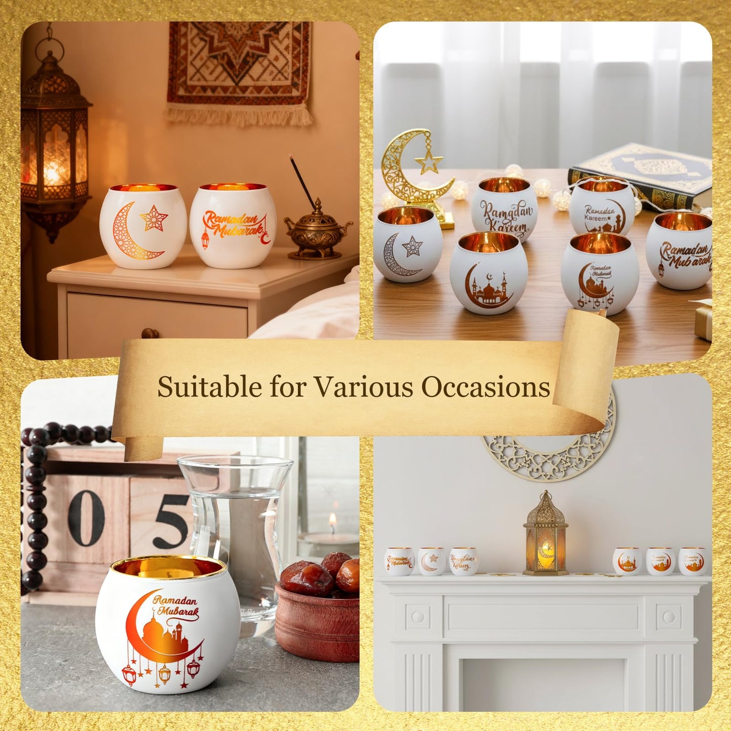 FoldTier 6 Pcs Ramadan Table Decor Ramadan Mubarak Candle Holders Glass Eid Mosque Decoration Votive Tealight Candle Holders for Muslim Gift Tabletop Centerpieces Islamic Party Home Decoration