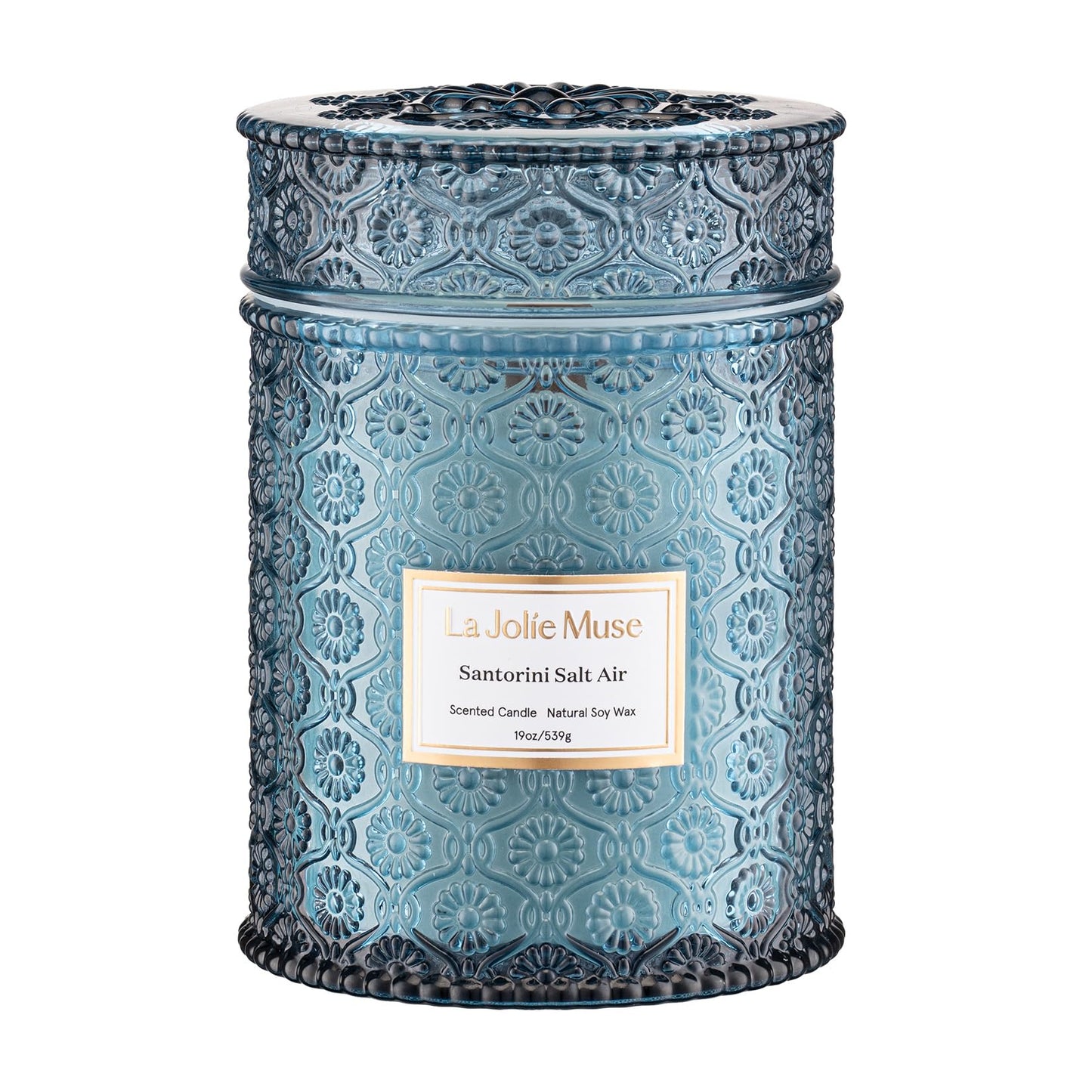 LA JOLIE MUSE Santorini Salt Air Candle - Bergamot, Sea Daffodil, Sandalwood | 19 oz Large Wooden Wick Candle | Natural Soy Wax | 90 Hours Clean Burn | Ocean Scented Candle