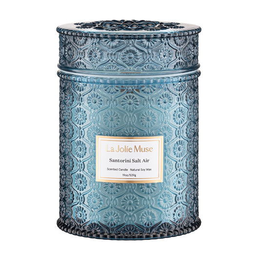 LA JOLIE MUSE Santorini Salt Air Candle - Bergamot, Sea Daffodil, Sandalwood | 19 oz Large Wooden Wick Candle | Natural Soy Wax | 90 Hours Clean Burn | Ocean Scented Candle