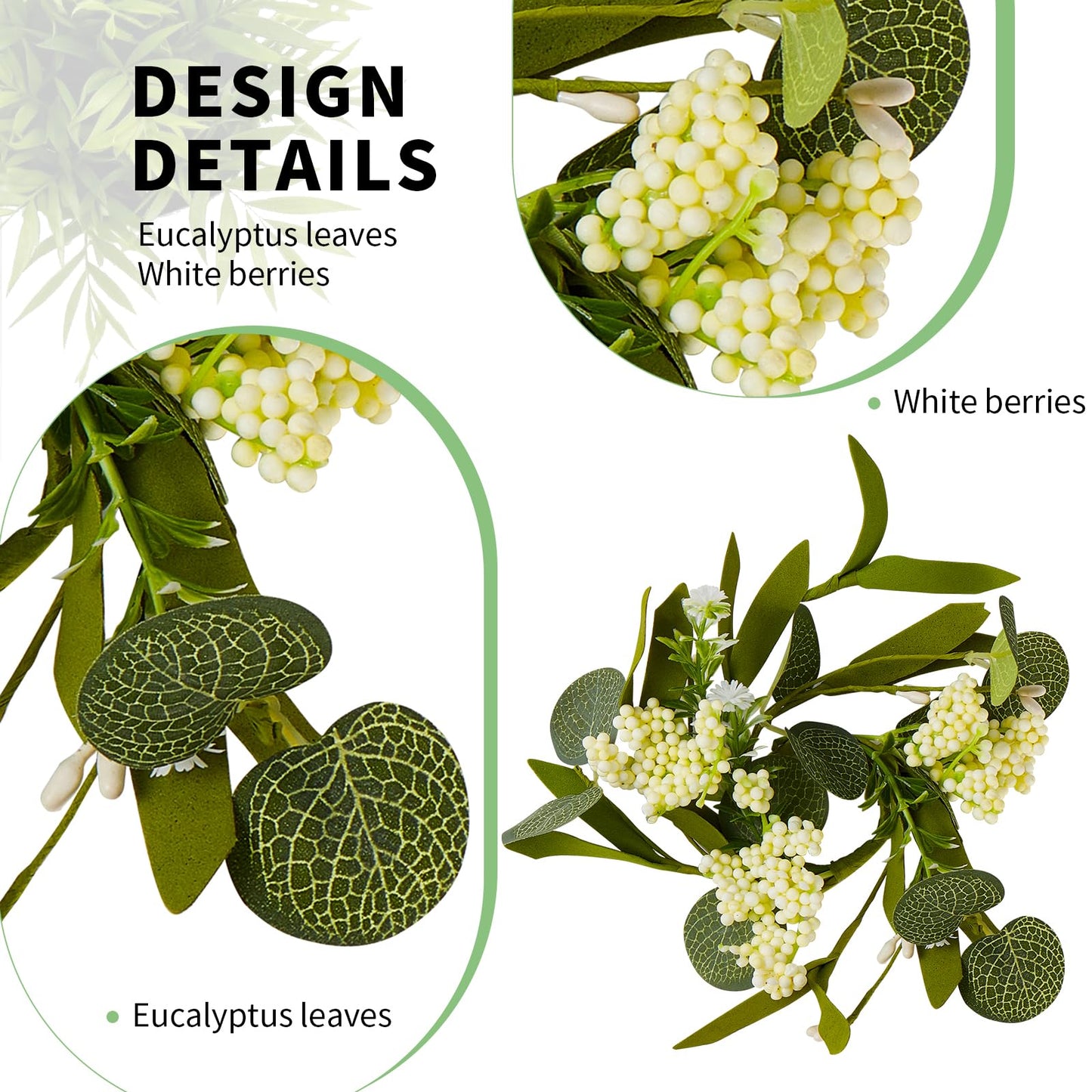 4 PCS Eucalyptus Taper Candle Rings Wreaths White Berry 1.38" Mini Spring Summer Floral Candle Holder Green Artificial Flower Wreaths for Home Wedding Church Table Centerpieces Decor