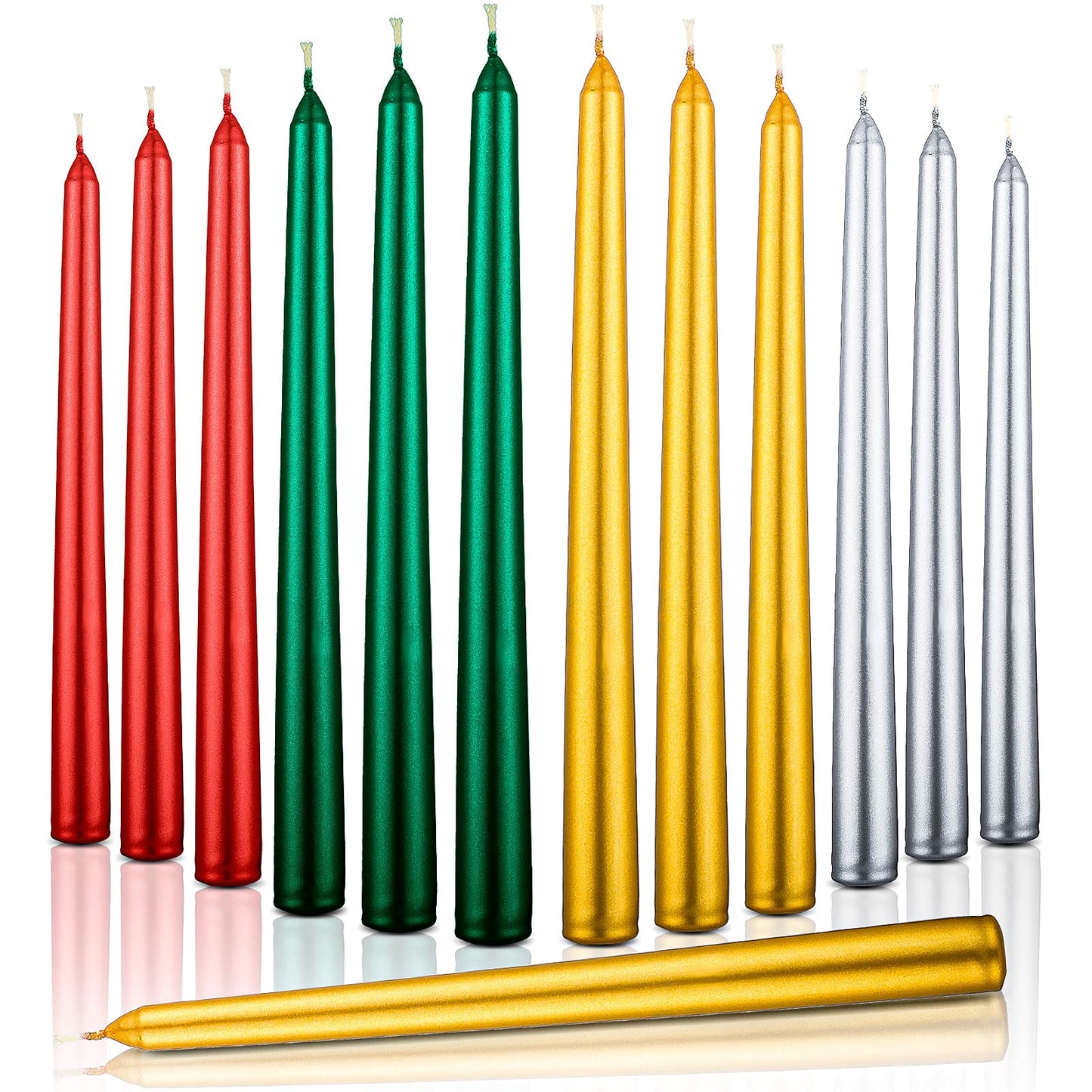 12 Pieces Christmas Taper Candles 10 Inch Tall Color Taper Candles Hand Poured Wax Candles Holiday Candles Dripless Taper for Christmas Wedding Birthday Celebration, Gold, Red, Silver, Green