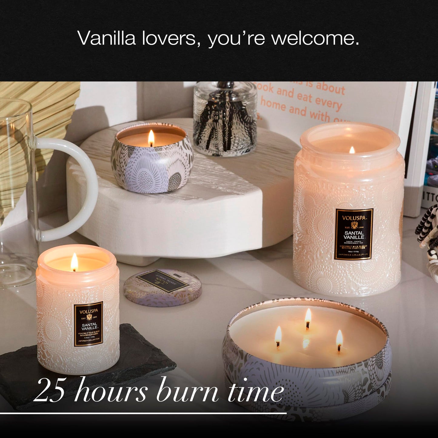 Voluspa Santal Vanille, Mini Tin Candle, 4 Ounce, 25 Hour Burn Time, Coconut Wax for Clean Burning, Handcrafted in the USA