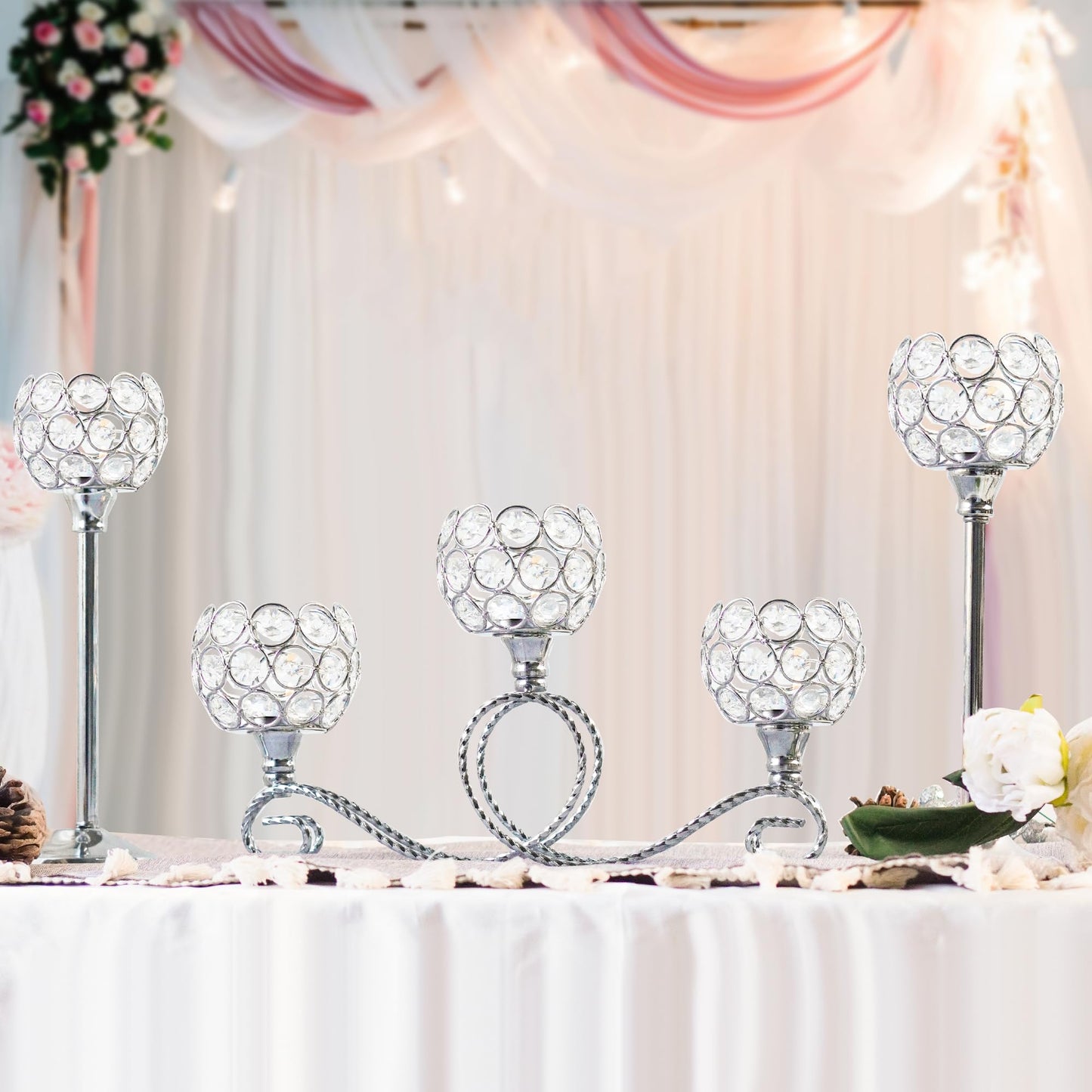 Silver 5 Arm Metal Crystal Tea Light Candle Holder, Elegant Wedding Table Centerpiece Candle Holder, Christmas Wishing Crystal Bowl Candle Holder Suitable for Wedding Party Living Room Decoration