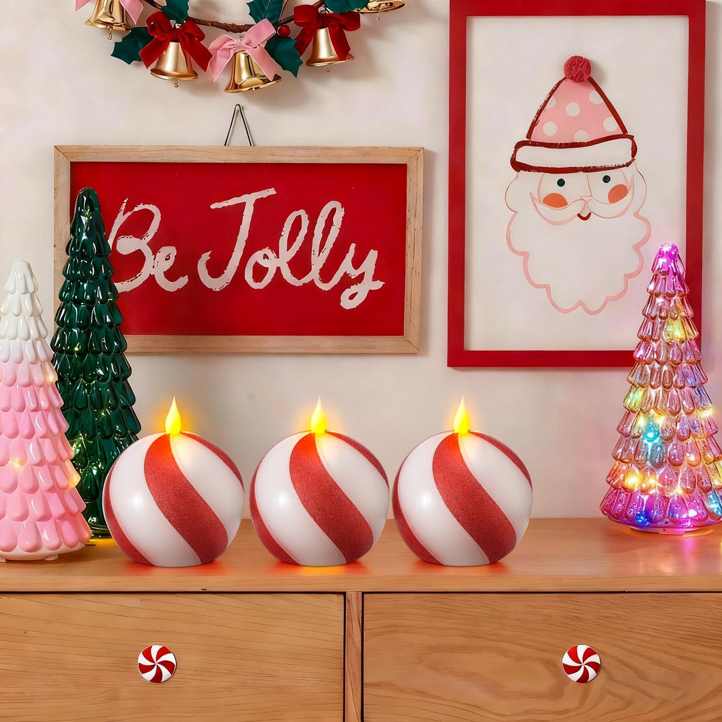 Set of 3 Christmas Sphere Candy-Cane Flameless Candles - Red White Real Wax Flickering Ball Candles Battery Operated with Remote, Candy Cane Christmas Decorations, Xmas Party Tables Centerpieces Decor