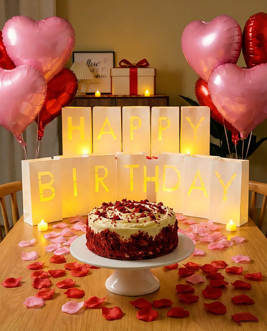 JZLiner Happy Birthday Light Up Sign Include Fake Rose Petals Led Tea Light Candles Balloons Set Room Decor for Women and Men