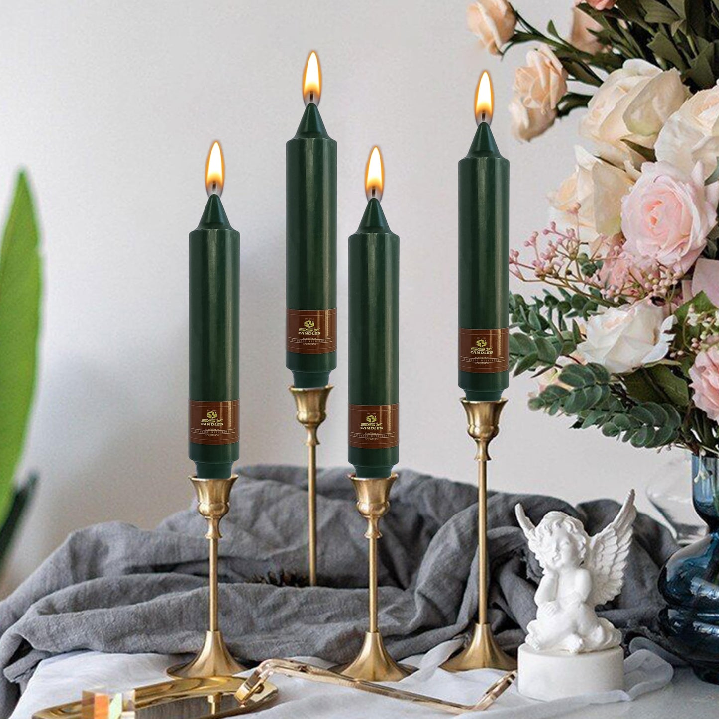 Unscented Candle Sticks 7 inch Hunter Green Taper Candles Set of 4 Smokeless Candle Slow Burning Candlesticks Perfect as Dinner Household Holiday & All Special Occasions