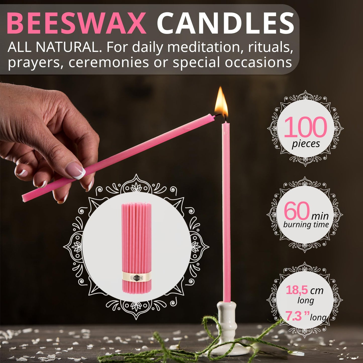 Danilovo Thin Taper Beeswax Candles - No-Drip, Smoke-Less, Tall, Decorative, Honey Scented Candles Ideal for Church Prayer, Rituals, Decor or Birthday – 7.3”x0.24” (Pink, 100pcs)