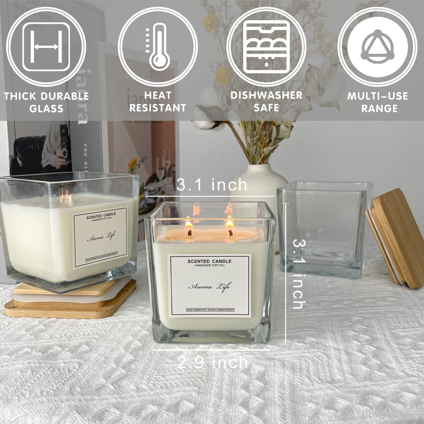 Creahaus 9-Pack Thick Glass Square Candle Jars with Bamboo Lids - 10oz Capacity with Warning Labels - DIY Candle Vessels