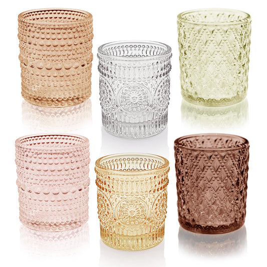 12 pcs Glass Votive Candle Holders, 6 Colors 3 Patterns Tealight Candle Holders for Fall Wedding Table Centerpiece Birthday Decoration