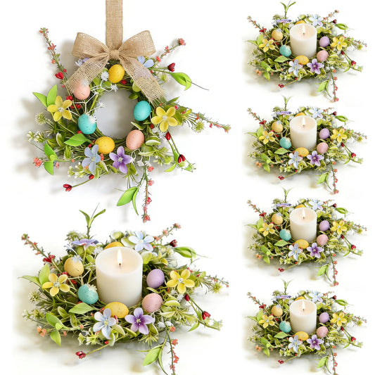 6 Pcs Easter Small Candle Rings Wreaths Mini Pillar Candle Holder Wreath with Eggs and Flowers Artificial Spring Pink Wreath for Home Kitchen Front Door Window Porch Wall Table Cnterpieces