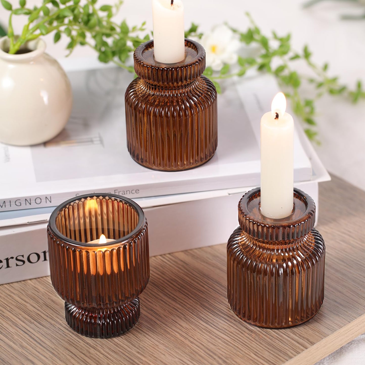 DARJEN 6 Pcs Amber Candlestick Holders - Glass Taper Candle Holders Tealight Votive Candle Holders for Table Centerpieces, Wedding, Dinner Party, Home, Gifts