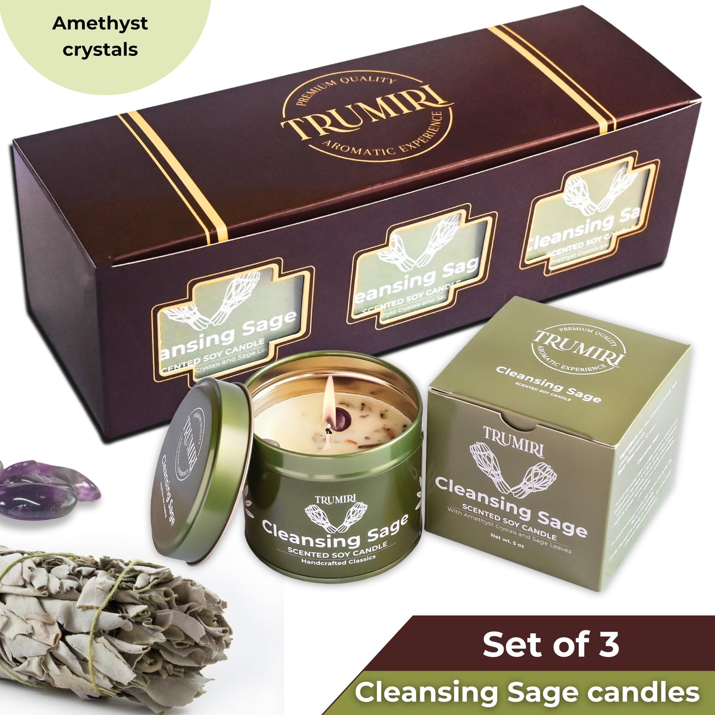 Sage Candle for Cleansing House Negative Energy - Pack of 3 x 5oz Soy Wax Natural Clean Organic Non Toxic - Aromatherapy Spiritual Meditation Gifts - Long Lasting Highly Scented Candel with Crystals