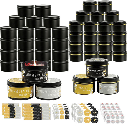 CONNOO 48 Pack Candle Tins - 24pcs 8oz + 24pcs 4oz Matte Black Jars with Lids for Making Candles, Bulk Empty Containers with Sticky Warning Labels for Candle Making, Storage, and Gift